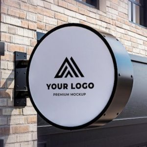 Neon box mockup circle shop hanging sign brick wall realistic _ Premium PSD